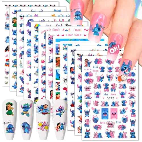 12 Sheets Blue Monster Nail Stickers Decals 3D Cartoon Pink Blue Animal Self Adhesive Nail Design Stickers Supply Cute Blue Animal Flowers Heart Nail Decals for Women Girls and Kids DIY Manicure