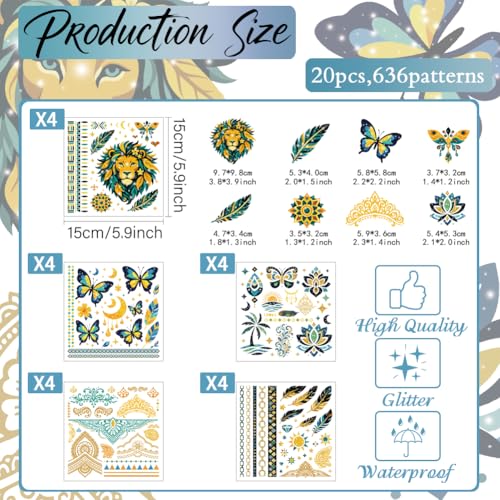 PandaHall 20 Sheets Glitter Temporary Tattoos - 5 Styles
