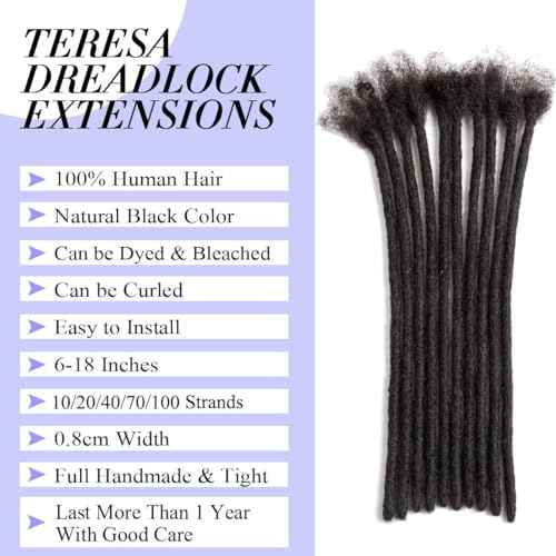 Teresa 8 Inch 0.8cm Width Loc Extension Human Hair Natural Black 30 Strands Full Hand-made Permanent Locs Extensions Can Be Dyed and Bleached for Men/Women/Kids Real Dreadlock Extensions Human Hair