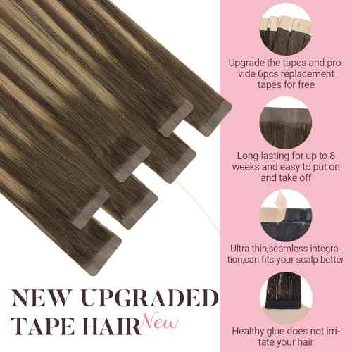 MAXITA Tape in Hair Extensions Human Hair, Balayage Chocolate Brown to Caramel Blonde, 22inch 50g 20pcs, Remy Silky Real Human Hair Extensions Thick Ends Straight Seamless Tape in Hair Extensions