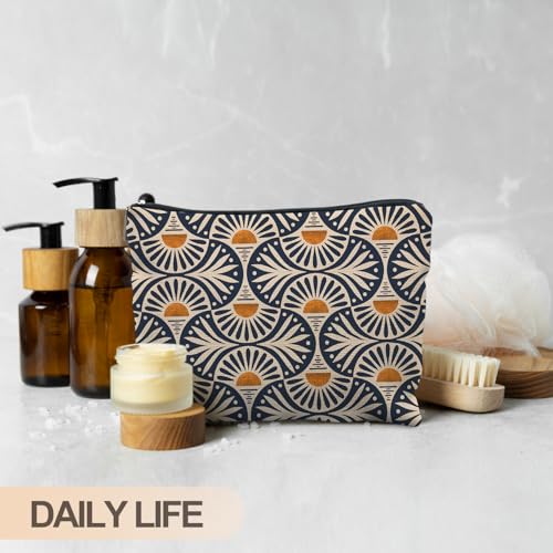 Boho Makeup Bag with Sunset Leaf Design | Linen Canvas Pouch
