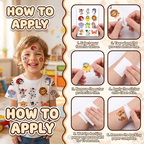 Kawaii Animal Temporary Tattoos Set - 96 PCS for Kids