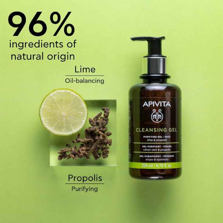 APIVITA Cleansing Gel | Purifying & Oil-Balancing Gel for Face with Lime & Propolis, 200 mL / 6.67 oz