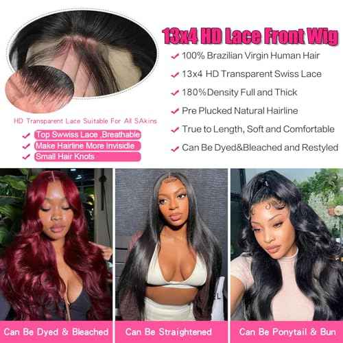 Human Hair Wig Body Wave Lace Front Wigs 180% Density 13x4 Pre Plucked Natural Hairline with Baby Hair HD Frontal Lace Wig For Women 16 inch
