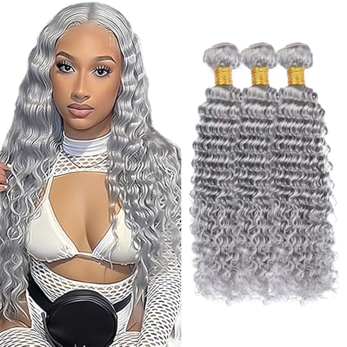 Silver Grey Deep Wave Human Hair Bundles 20-24 Inch