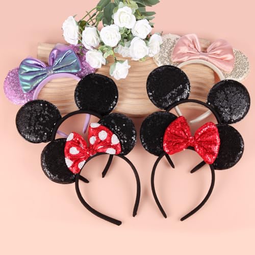 6 Pack Sequin Mouse Ears Headbands for Cosplay & Parties