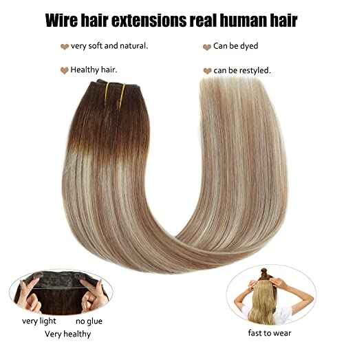 Ugrace Hair Wire Hair Extensions Real Human Hair Balayage Light Brown to Ash Brown and Bleach Blonde 18 inch 90g Transparent Invisible Fish Line Straight Clip in Human Hair Extensions for Women