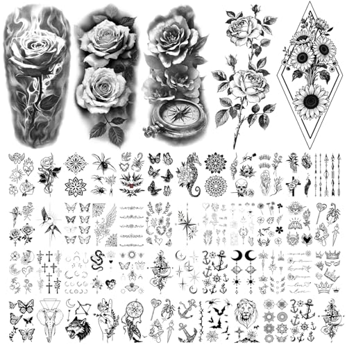 92-Sheet Flower Temporary Tattoos for Women - Waterproof Floral