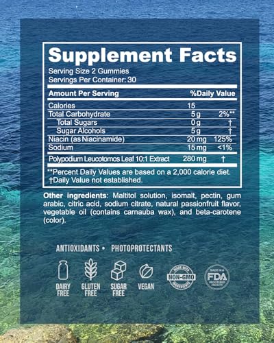 Inner Glow Sol Defense Gummies – Skin Health Vitamin with Polypodium Leucotomos, Niacinamide, Passion Fruit, 60 Sugar-Free