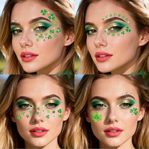 EMOME St Patrick Day Accessories, St Patrick's Day Shamrock Face Tattoo with Green White Face Gems, Saint Patrick's Day Makeup Art Decorations for Women, Girls