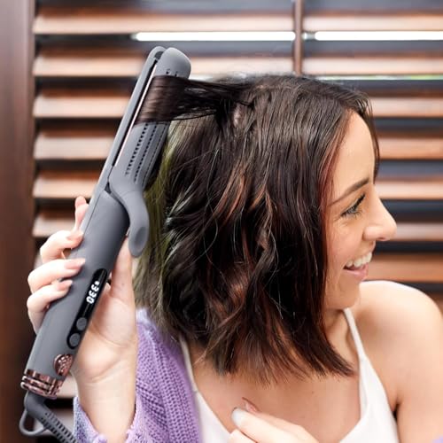 Hairitage Ceramic Tourmaline 2in1 Flat Iron Hair Straightener Curling Iron for Hair Styling - 1 1/4 Inch - Airflow Styler with Curved Edges for Curling + Straightening - Blowout Styles