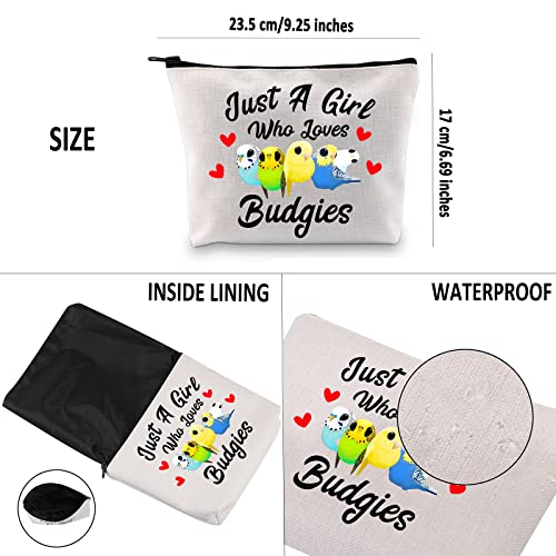 G2TUP Budgie Lover Gift Who Loves Budgies Makeup Bag Budgie Mom Cosmetic Bag Parakeet Pet Bird Lover Gift for Budgerigar Girls Women (Who Loves Budgies White Bag)