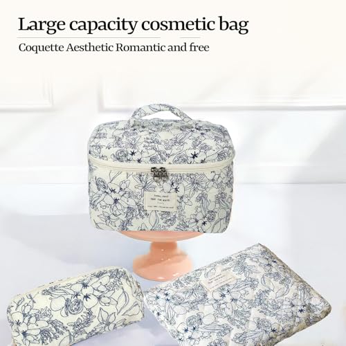 Makeup Bag Set, Large Travel Cosmetic Bags for Women, 3pcs Cute Floral Makeup Bags, Cotton Quilted Toiletry Organizer Bag, Women's Emergency Bag (Flower-Deep Blue)