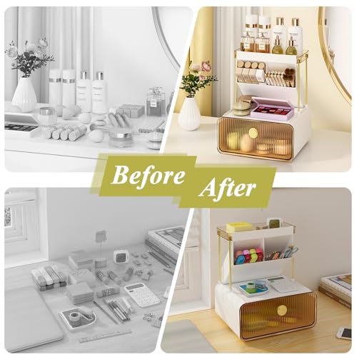 FOLLOWIN 3-Tier Makeup Organizer with Drawer - Amber Vanity Storage