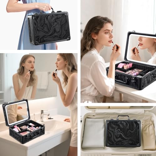 Makeup Case with LED Mirror, Makeup Bag with Lighted Mirror, Travel Cosmetic Train Case Organizer with Adjustable Dividers and Tool Panel for Brushes Fluid-Black