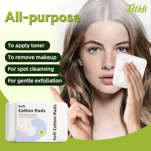 Illidi Large Square Cotton Pads - 80 Count Lint-Free Cleansing Pads