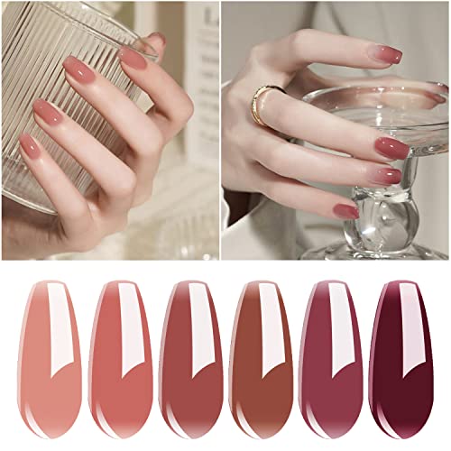 Vishine Jelly Gel Nail Polish Fall Winter Crystal Transparent Gel Polish Set Translucent Sheer Clear Dusty Rose, Red Burgundy, Skin Nude Gel Polish 6 Colors Gift Collection Manicure Kit 8ml