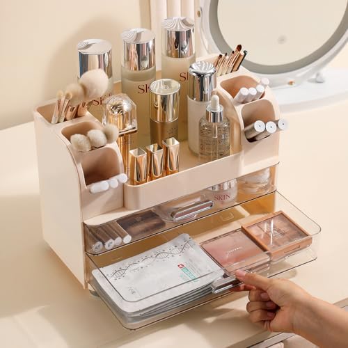 Anyoifax Makeup Organizer with Large Drawers and Clear Compartments, Beige