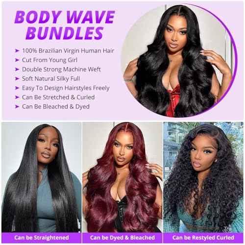 12A Human Hair Bundles 20 22 24 26 Inch Body Wave Bundles Human Hair 100% Unprocessed Brazilian Virgin Weave 4 Bundle for Women Natural Black Wavy Human Hair Extensions