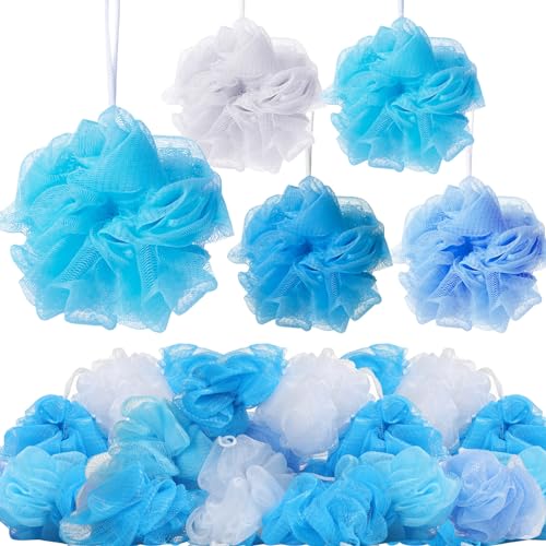 CHENGU 80 Pcs Loofah Bulk Sponge Bath Sponges for Shower, Blue Series, Polyethylene Mesh, Natural Fiber Synthetic Style, 20g Each