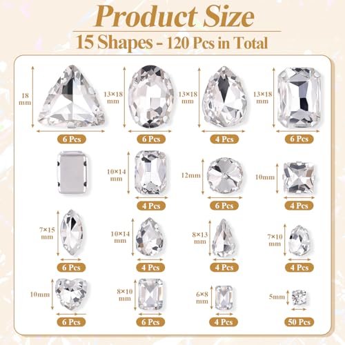 120 PCS White Sew-On Rhinestones Mixed Shapes Glass Gems