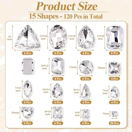 120 PCS White Sew-On Rhinestones Mixed Shapes Glass Gems
