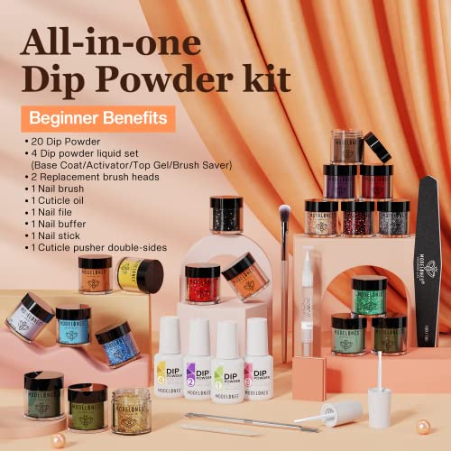 Modelones Dip Powder Nail Kit Starter, 20 Colors Pink Red Brown Dipping Powder Liquid Set Base&Top Activator for French Nail Art Salon DIY Kit