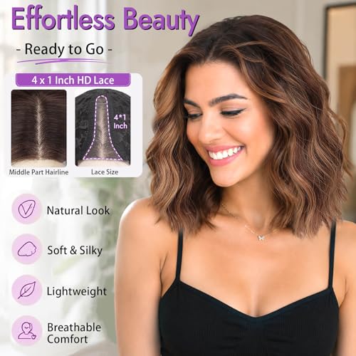 Brown Highlight Wavy Bob Wig 14" - Glueless Synthetic Lace