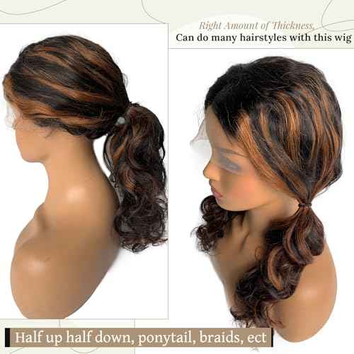 Highlight Ombre Lace Front Wig Human Hair #1b/30 Black and Brown Middle Part Lace Frontal Human Hair Wig 180% Density Pre Plucked Ombre Brown Glueless Wigs for Black Women 20 Inch 180% Density