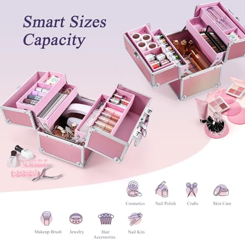 Frenessa Makeup Case Makeup Box Cosmetic Organizer Case Portable Make Up Artist Travel Case Storage Box 4 Trays with Dividers Lockable Hard Train Case Nail Tech Supply Storage Mermaid Pink
