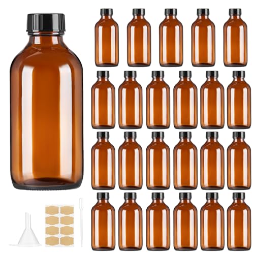 4oz (24 Pack) Amber Boston Round Glass Bottles with Black