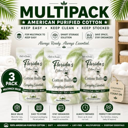 Purified American Cotton Balls 300 Count (3 Pack) - Soft & Absorbent