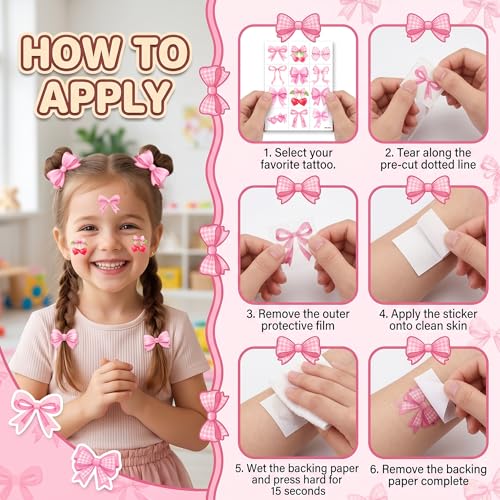 96 Pink Bow Temporary Tattoos for Kids | Waterproof