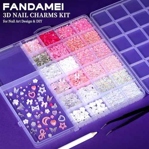 FAMDAMEI 24 Grid Flat Back Pearls and Rhinestones for Bedazzling Kit, Clear White Pink Pearls Flatback Resin Jelly Rhinestones,Flower 3D Nail Charms and Gems for Crafting Rhinestones for Crafts