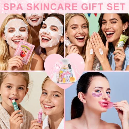 144 Pcs Spa Party Decorations for Girls, Spa Birthday Party Supplies Include Face Masks Skincare, Hand Cream, Lip Balm, Under Eye Patches, Lip Mask, Foot Bath Bombs, Press-on Nails and Hair Tinsel