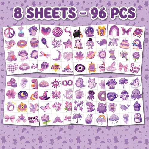 96 Piece Purple Temporary Tattoos for Kids | Waterproof Kawaii