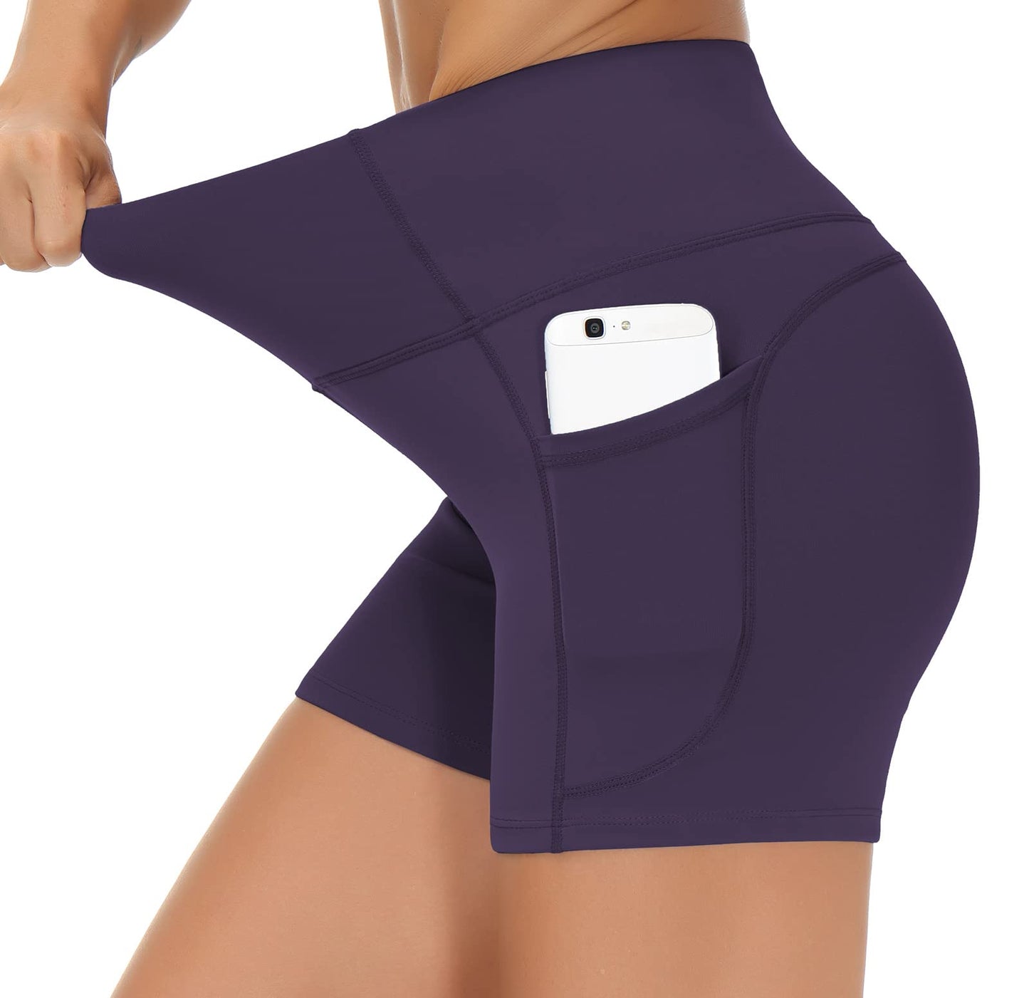 THE GYM PEOPLE High Waist Yoga Shorts for Women's Tummy Control Fitness Athletic Workout Running Shorts with Deep Pockets (Small, Purple)