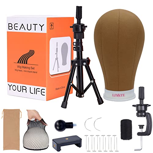 LIYATE Wig Stand Tripod with Head, Wig Head Stand with Mannequin Head, 23 Inch Wig Head, Mini Wig Stand Tripod for Mannequin Head, Wig Making Kit and Supplies, Wig Cap, T Pins Set, Phone Holder