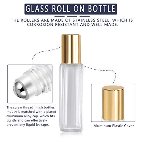 wifreo Perfume Essential Oil Bottles, Square Refillable Thick Glass Roller Bottle, 4 Pack 1/3oz 10ml