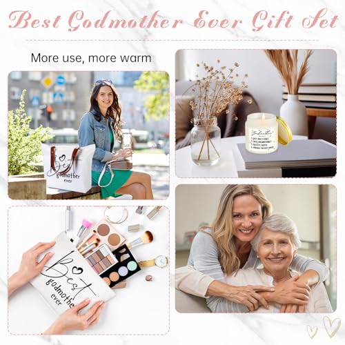 Domensi 4 Pack Godmother Proposal Gifts Set Mother Day Included 20oz Stainless Steel Tumbler Cup with Straw and Lid Best Godmother Ever Gift Tote Bag Makeup Bag Scented Candle Mom Gifts(Pink)