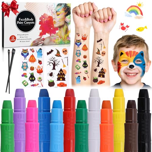 Beesjuy Face Painting Kits for Kids,12 Color Water Based Face Paint Crayon, Washable Kids Body Paint Makeup Sticks for Halloween, Birthday Party, Clown/Cosplay Makeup