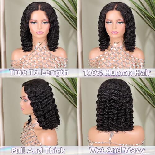 Deep Wave Human Hair Bob Wig 12 Inch HD Lace Front Curly Wigs for Black Women