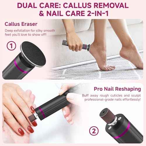 Dermave Electric Foot Callus Remover Cordless, 2 in 1 Wireless Electric Foot File, Adjustable 9 Speed Rechargeable Pedicure Foot Filer Tool w/Sandpaper Discs & Nail Drill Bits, Digital Display (Gray)