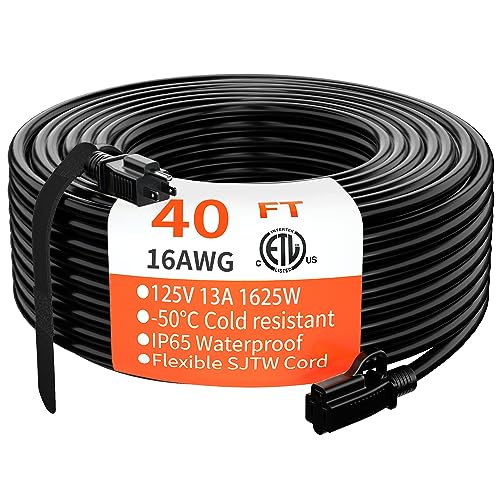 HUANCHAIN Indoor Outdoor Black Extension Cord 40 ft Waterproof, 16/3 Gauge Flexible Cold-Resistant Appliance Extension Cord Outside, 13A 1625W 16AWG SJTW, 3 Prong Heavy Duty Electric Cord, ETL