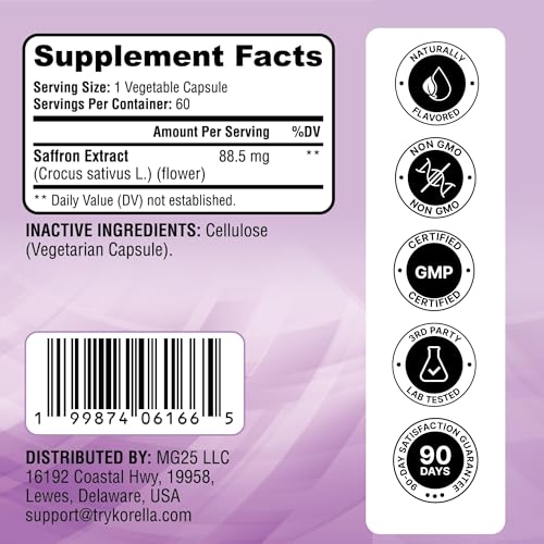 KORELLA Saffron Extract 88.5mg Capsules – 60 Count
