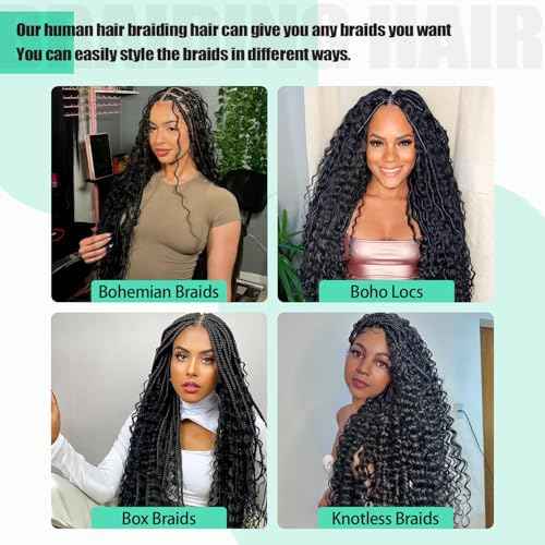 18 Inch Human Boho Braiding Hair, Deep Wave Bulk Hair Extension 100g Knotless No Weft 100% Virgin Hair 3 Bundles/Pack, Natural Black