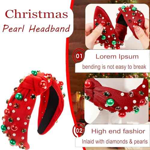 Christmas Headband for Women,Pearl Rhinestone Crystal Jeweled Hairband, Christmas,New Year's Day,Valentine Day,Mother's Day Knot Hair Hoops,Festive Pearl Hair Accessory(Red+Green)