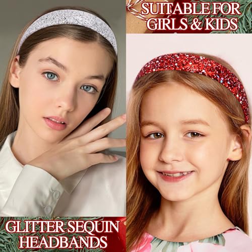 Glitter Headbands for Girls Women, Sparkly Sequin Christmas Hairbands for Girls Non-slip, Cute Bling Headbands Hair Accessories For Christmas Holiday Party Favors Gifts
