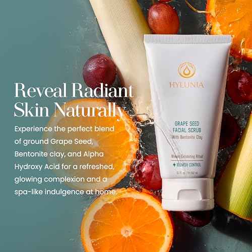 Hylunia Skincare Grape Seed Facial Scrub ? Gentle Exfoliating Face Scrub with Ground Grape Seed, Bentonite Clay, and Alpha Hydroxy Acid for smooth, glowing skin and refined pores, 5.1oz ?