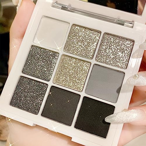 9-Color Smokey Grey Glitter Eyeshadow Palette | Waterproof